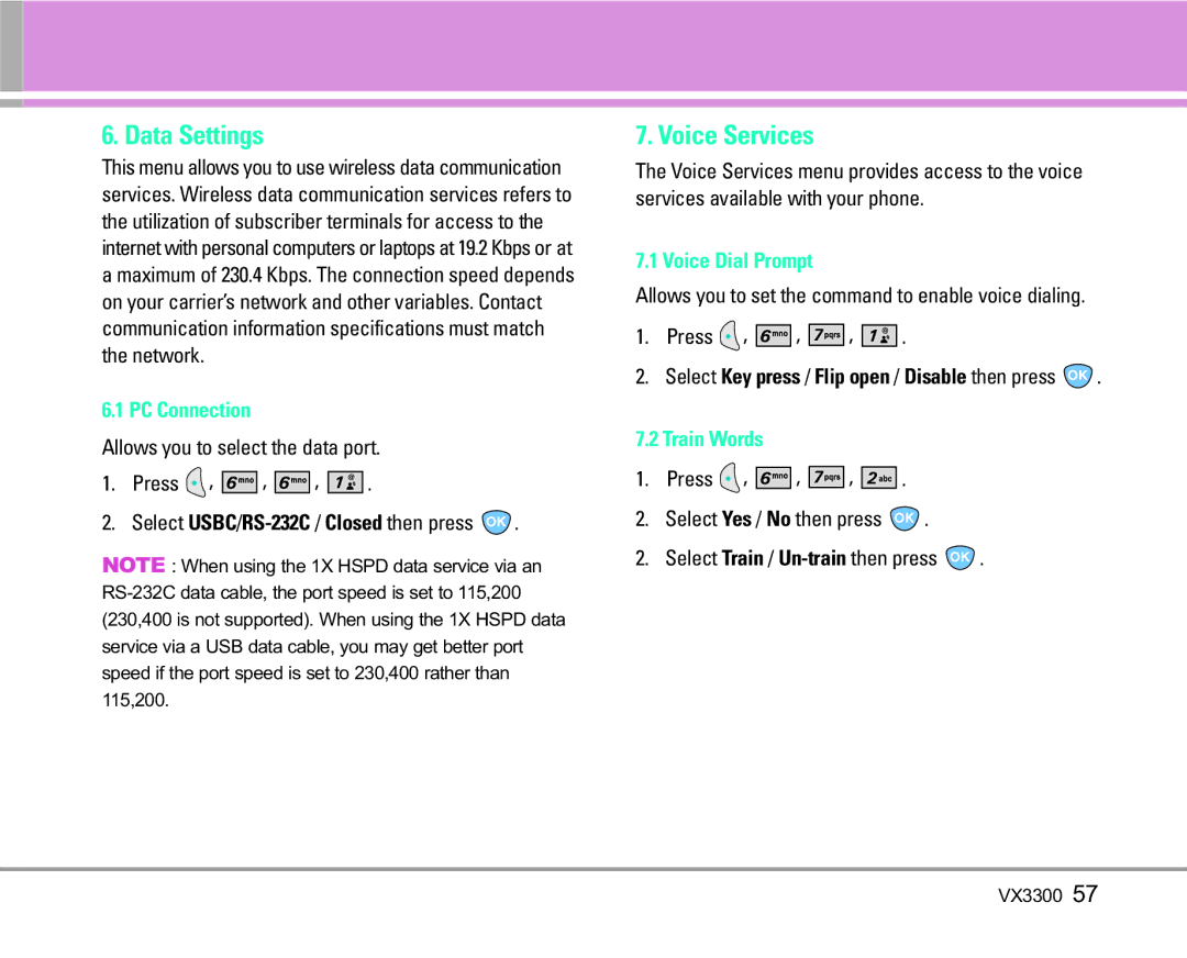 LG Electronics VX3300 manual Data Settings, Voice Services, PC Connection, Voice Dial Prompt, Train Words 