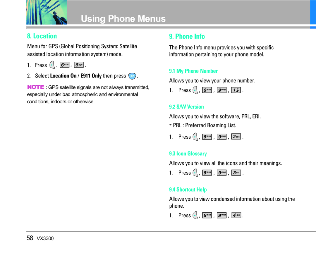 LG Electronics VX3300 manual Location, Phone Info 