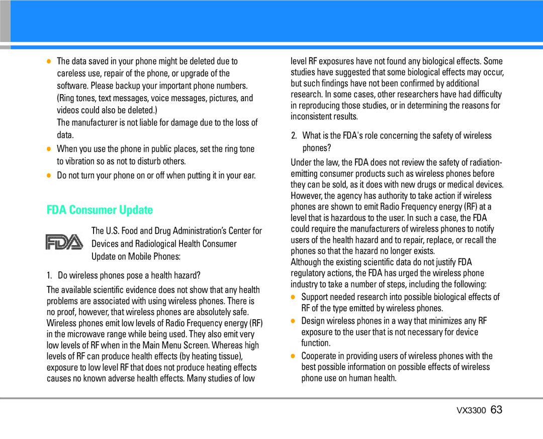 LG Electronics VX3300 manual FDA Consumer Update, Do wireless phones pose a health hazard? 