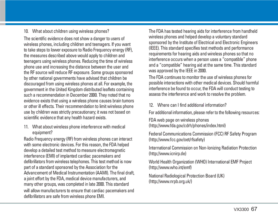 LG Electronics VX3300 manual What about children using wireless phones?, Where can I find additional information? 