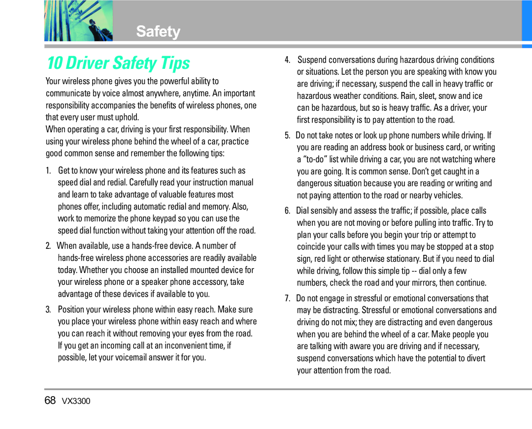 LG Electronics VX3300 manual Driver Safety Tips 