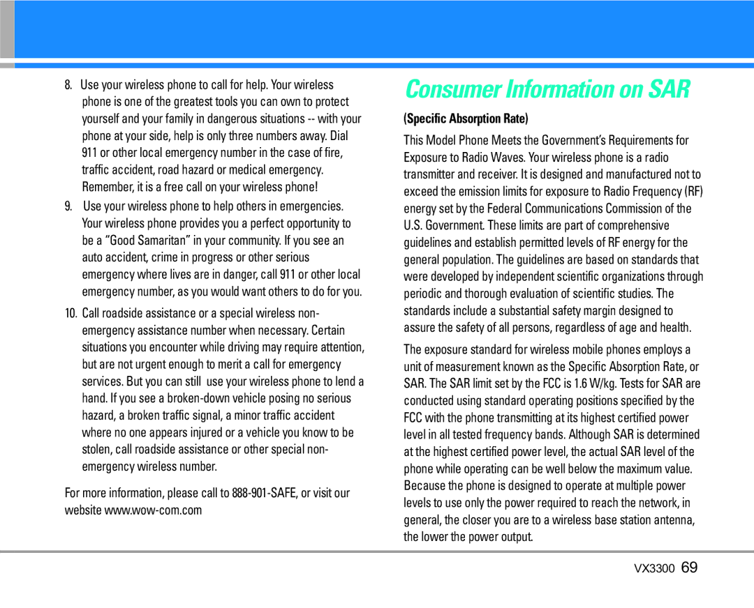 LG Electronics VX3300 manual Consumer Information on SAR, Specific Absorption Rate 