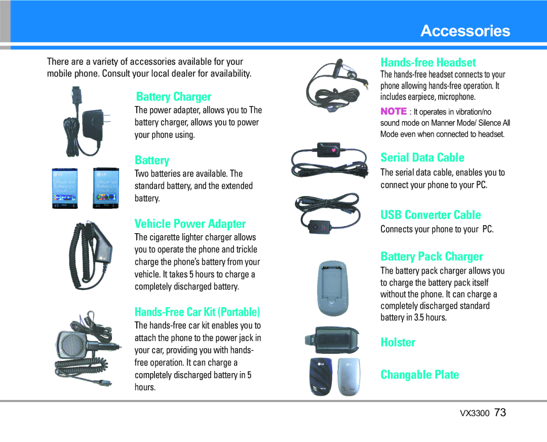 LG Electronics VX3300 manual Accessories 