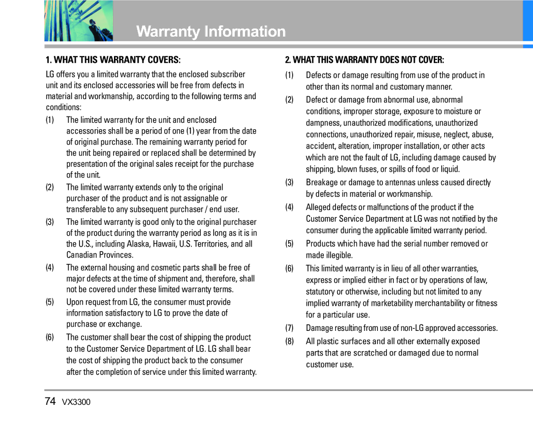 LG Electronics VX3300 manual Warranty Information, What this Warranty Covers 