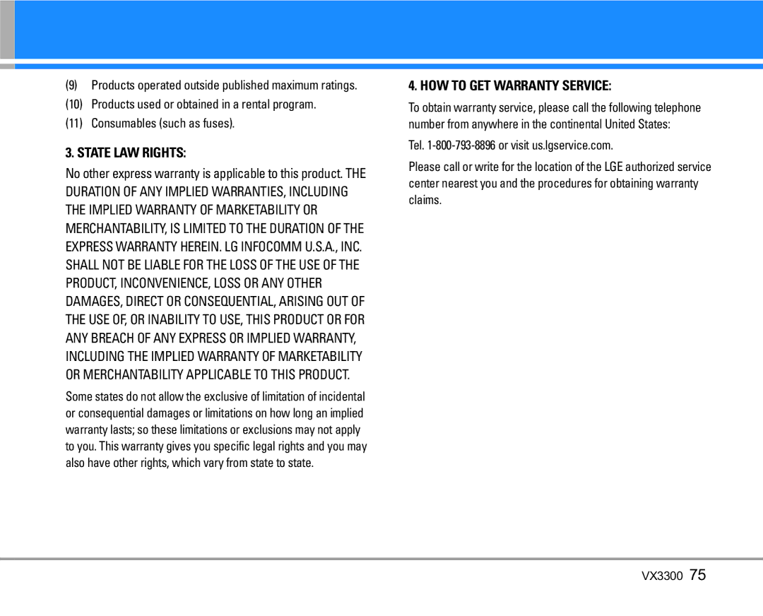 LG Electronics VX3300 manual State LAW Rights 