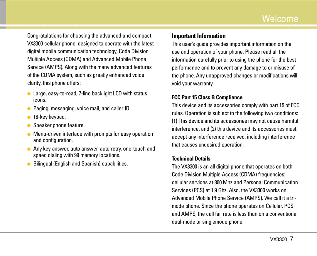 LG Electronics VX3300 manual Welcome, Important Information, Bilingual English and Spanish capabilities, Technical Details 
