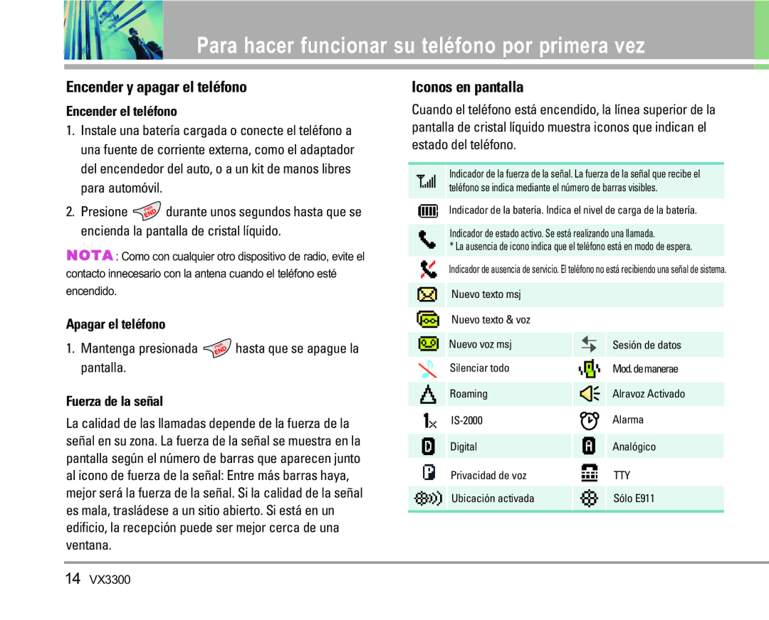 LG Electronics VX3300 manual Encender y apagar el teléfono, Iconos en pantalla, Encender el teléfono, Apagar el teléfono 