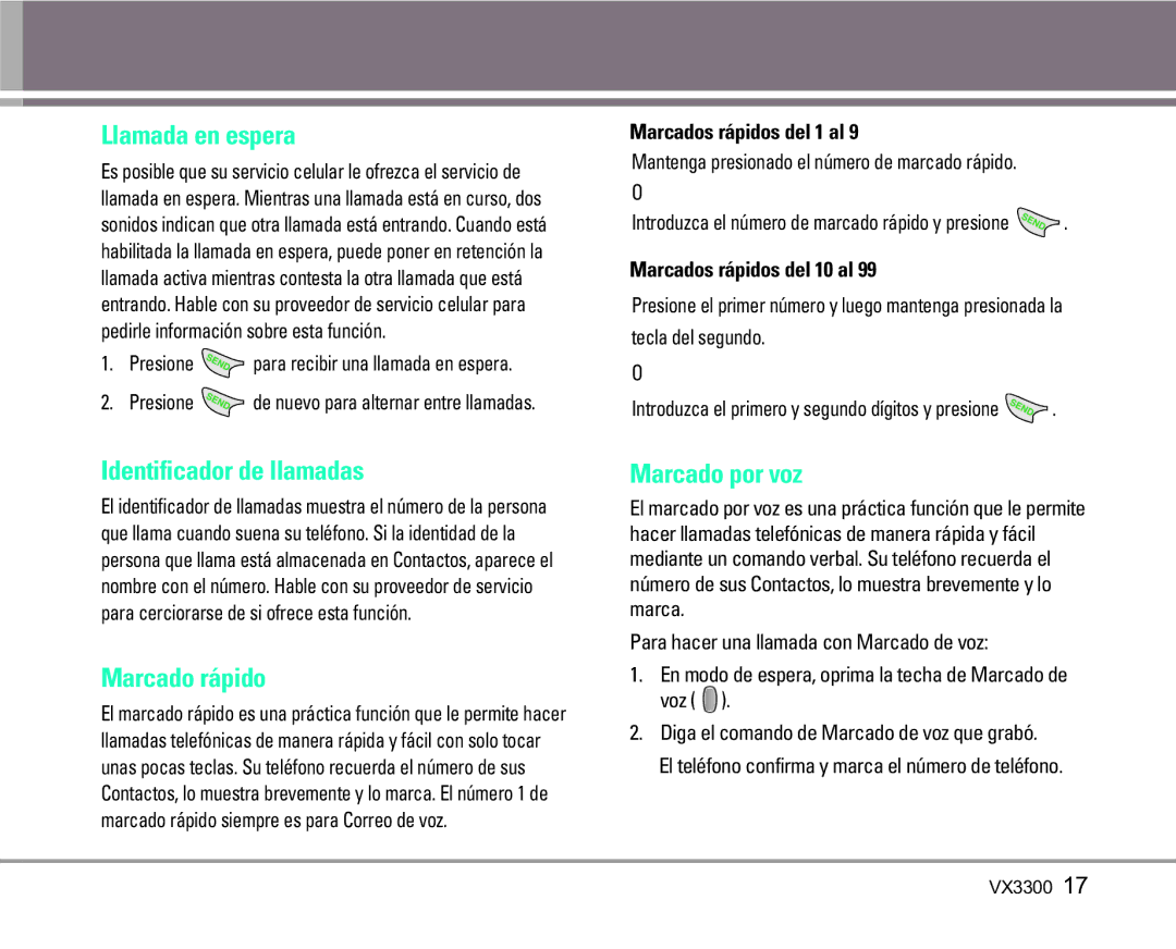 LG Electronics VX3300 manual Llamada en espera, Identificador de llamadas, Marcado rápido, Marcado por voz 