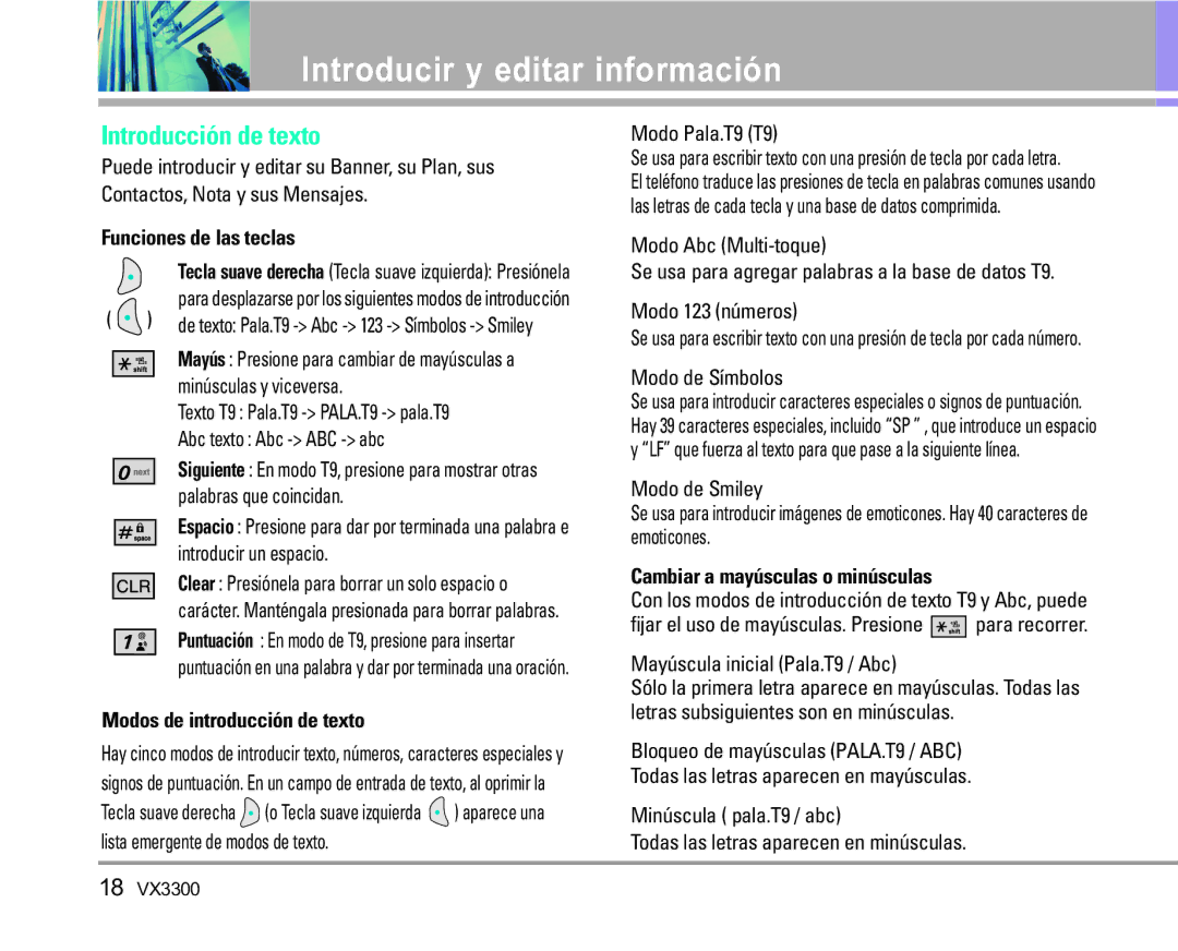 LG Electronics VX3300 manual Introducir y editar información, Introducción de texto, Funciones de las teclas 