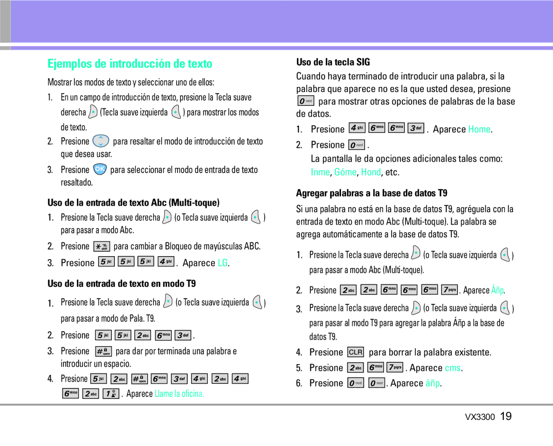 LG Electronics VX3300 Ejemplos de introducción de texto, Uso de la entrada de texto Abc Multi-toque, Uso de la tecla SIG 