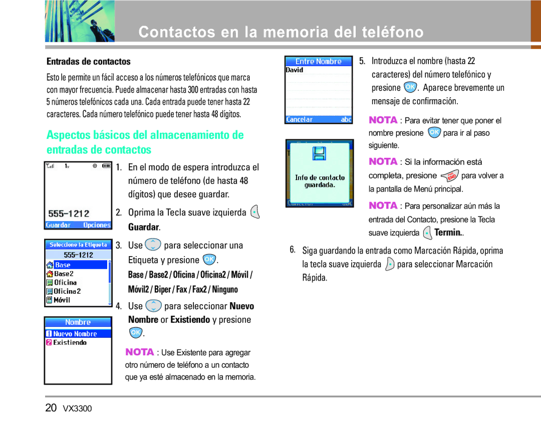 LG Electronics VX3300 manual Contactos en la memoria del teléfono, Entradas de contactos 