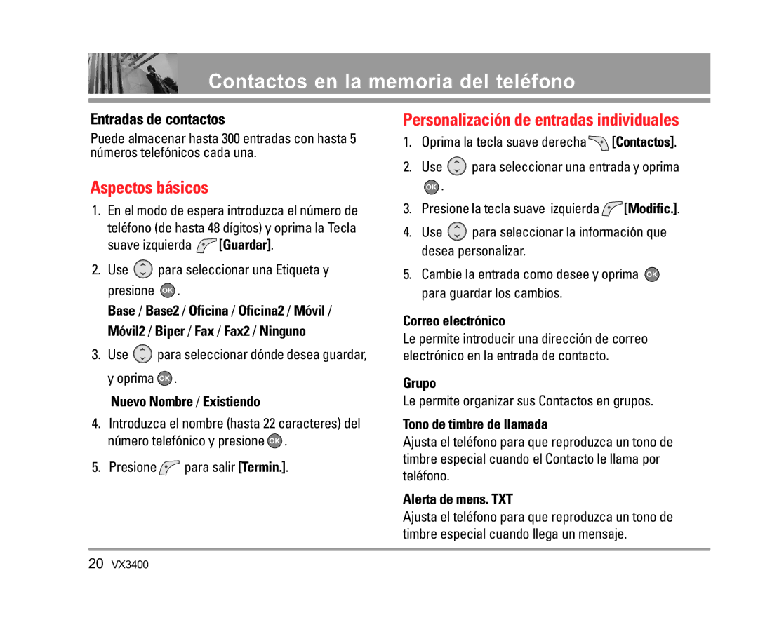 LG Electronics VX3400 manual Contactos en la memoria del teléfono, Aspectos básicos, Entradas de contactos 