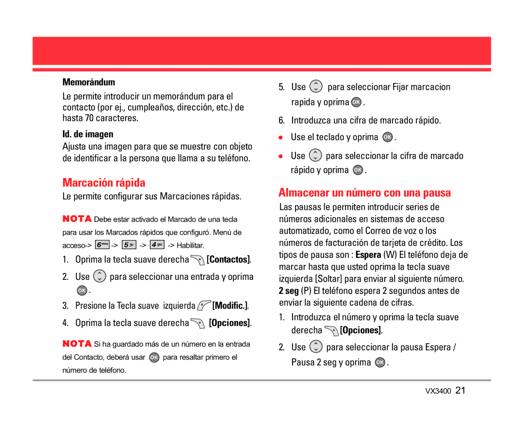 LG Electronics VX3400 Marcación rápida, Almacenar un número con una pausa, Memorándum, Id. de imagen, Derecha Opciones 