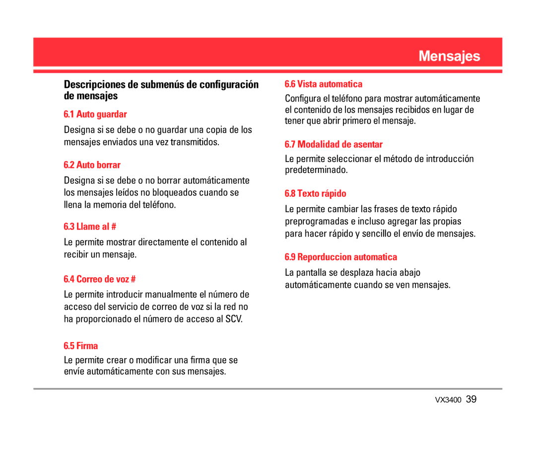 LG Electronics VX3400 manual Descripciones de submenús de configuración de mensajes 