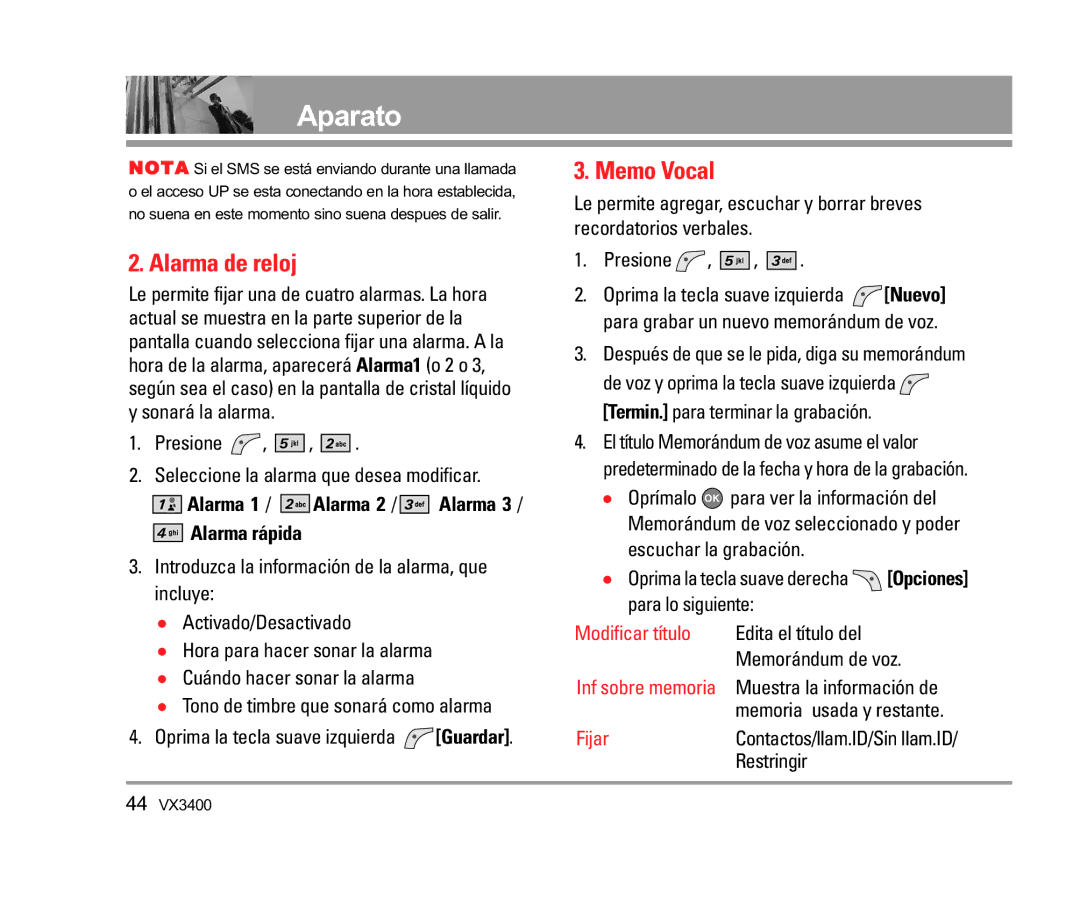 LG Electronics VX3400 manual Alarma de reloj, Memo Vocal, Alarma rápida 