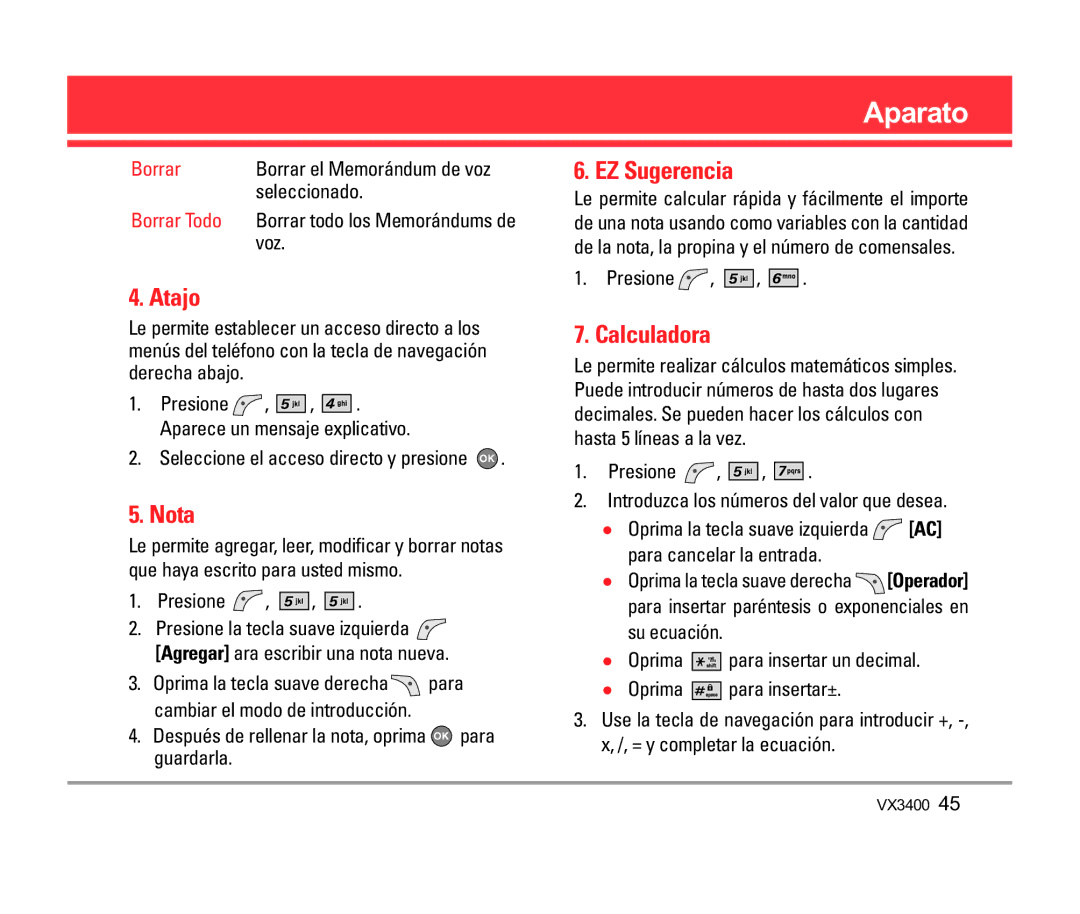 LG Electronics VX3400 manual Atajo, Nota, EZ Sugerencia, Calculadora 