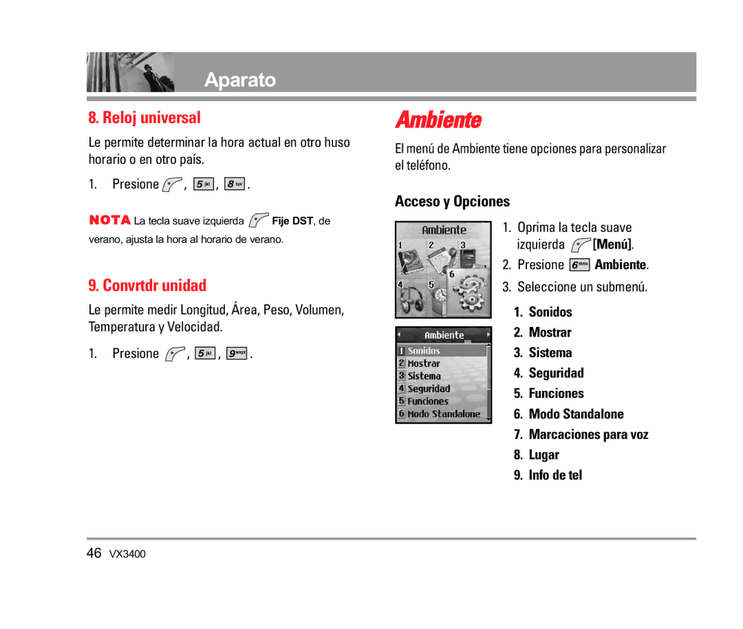 LG Electronics VX3400 manual Ambiente, Reloj universal, Convrtdr unidad 