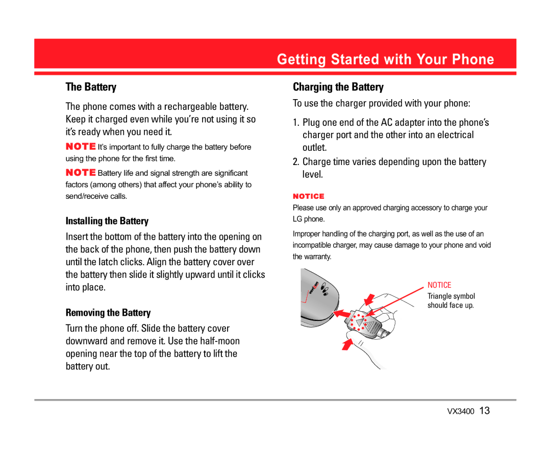 LG Electronics VX3400 manual Getting Started with Your Phone, Charging the Battery, Installing the Battery 