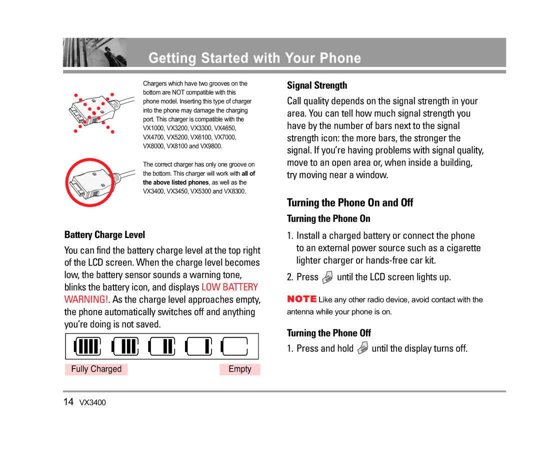 LG Electronics VX3400 manual Turning the Phone On and Off, Battery Charge Level, Signal Strength, Turning the Phone Off 