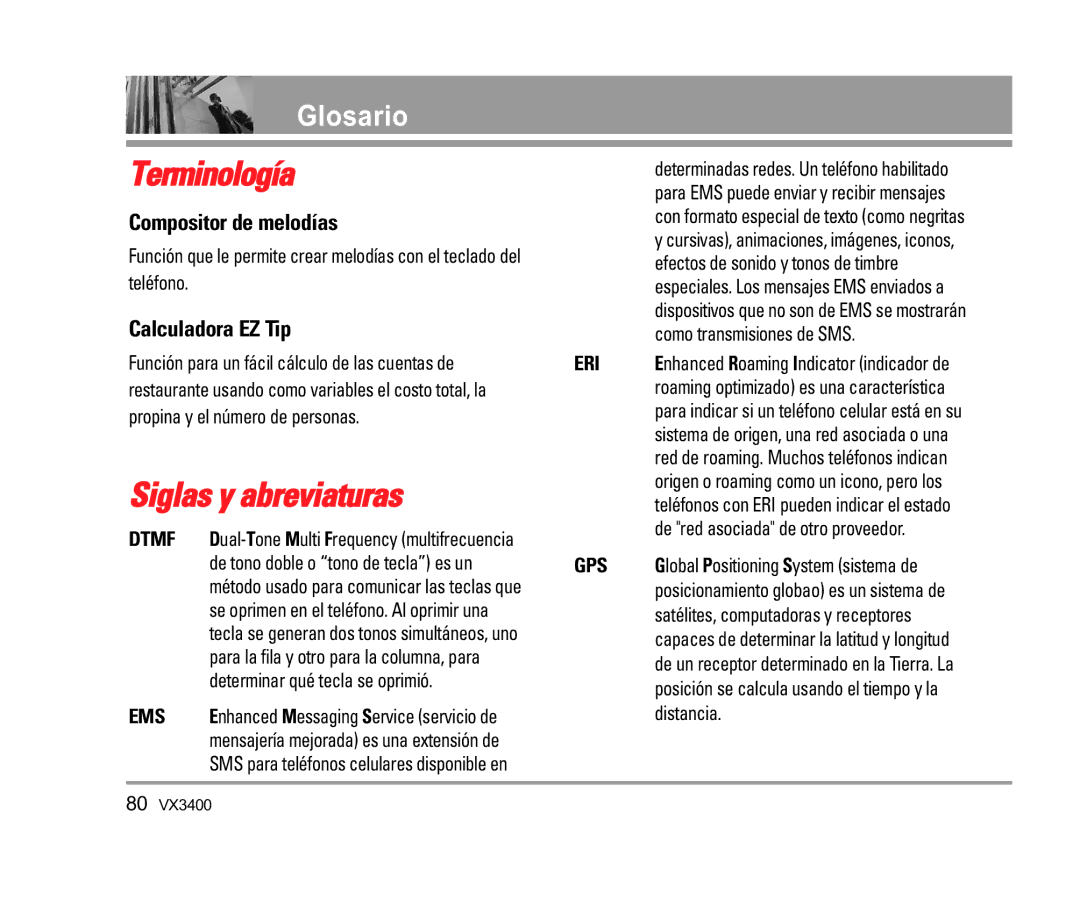 LG Electronics VX3400 manual Terminología, Siglas y abreviaturas, Glosario, Compositor de melodías, Calculadora EZ Tip 