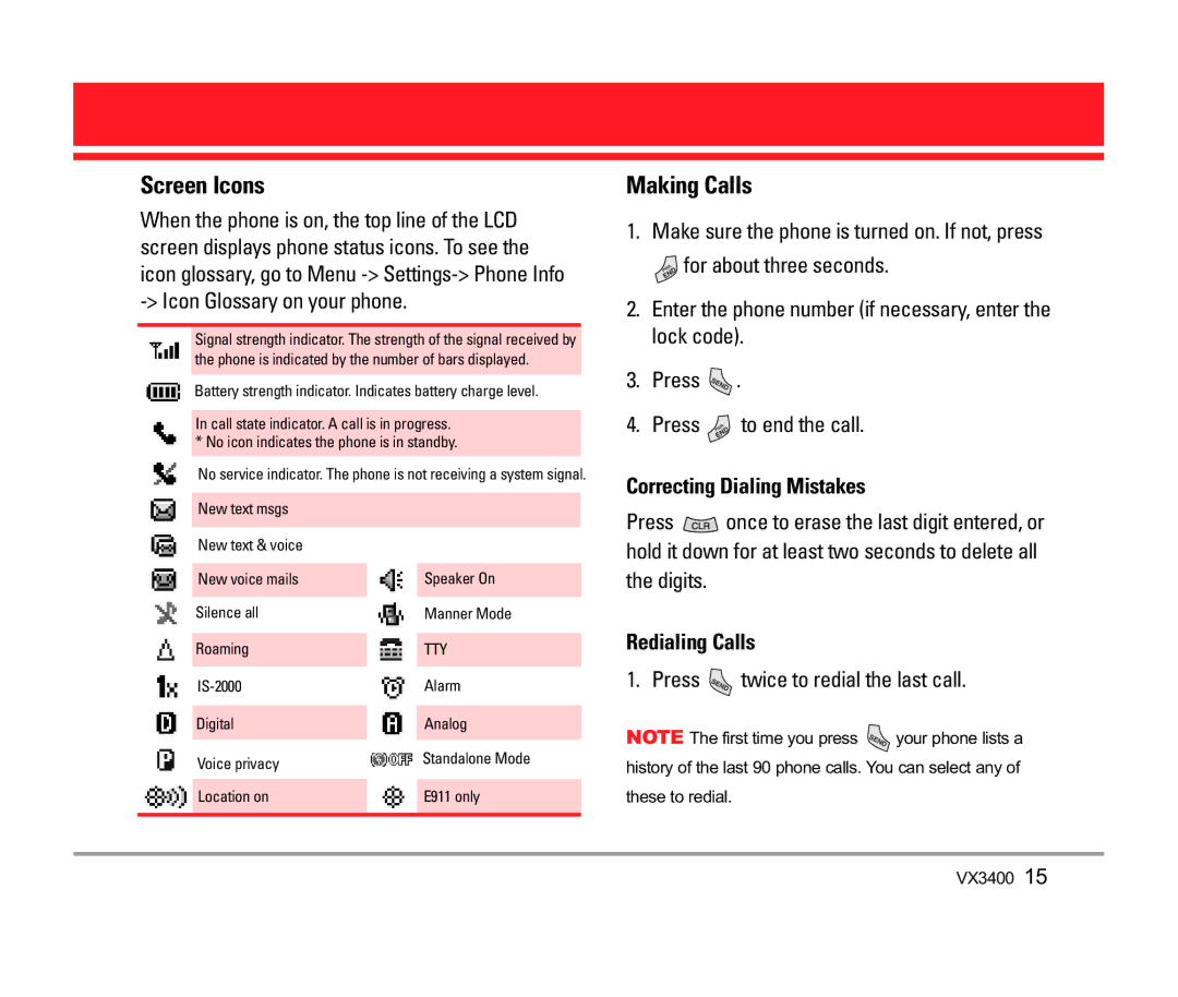 LG Electronics VX3400 manual Screen Icons, Making Calls, Correcting Dialing Mistakes, Redialing Calls 