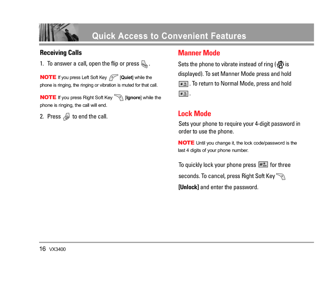 LG Electronics VX3400 manual Quick Access to Convenient Features, Manner Mode, Lock Mode, Receiving Calls 