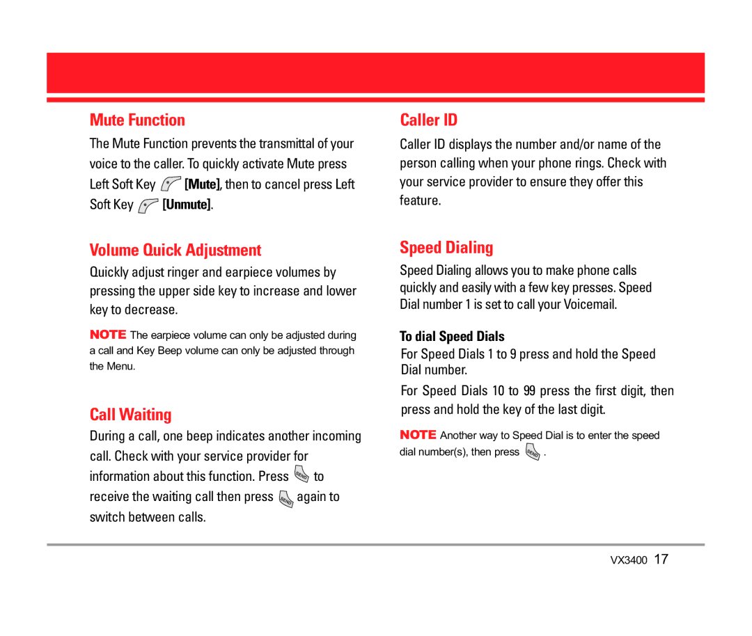 LG Electronics VX3400 manual Mute Function, Caller ID, Volume Quick Adjustment, Call Waiting, Speed Dialing 