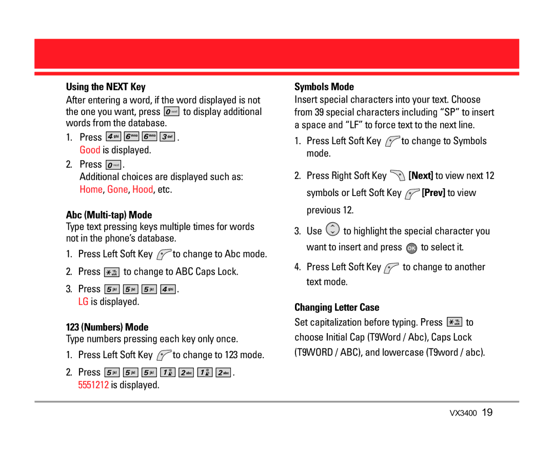 LG Electronics VX3400 manual Using the Next Key, Abc Multi-tap Mode, Numbers Mode, Symbols Mode, Changing Letter Case 