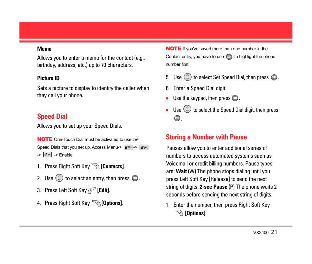 LG Electronics VX3400 manual Speed Dial, Storing a Number with Pause, Memo, Picture ID, Options 