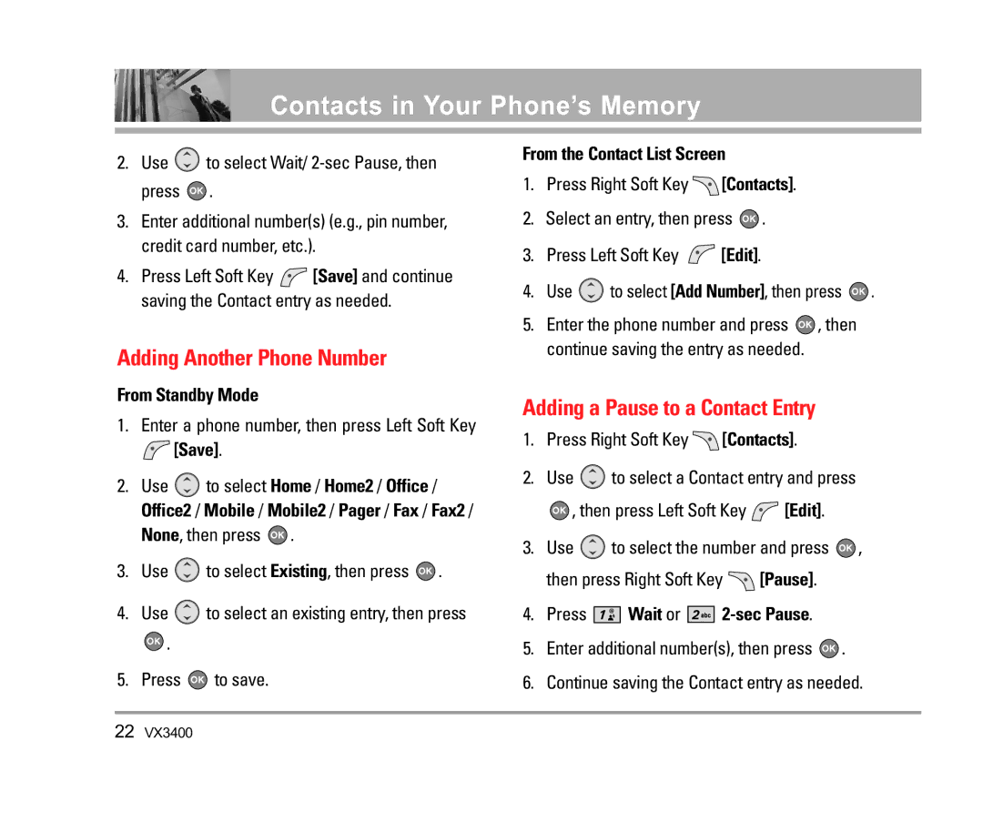 LG Electronics VX3400 manual Adding Another Phone Number, Adding a Pause to a Contact Entry 