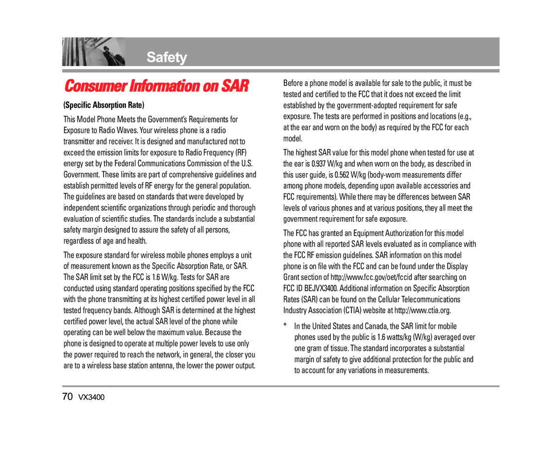 LG Electronics VX3400 manual Consumer Information on SAR, Specific Absorption Rate 