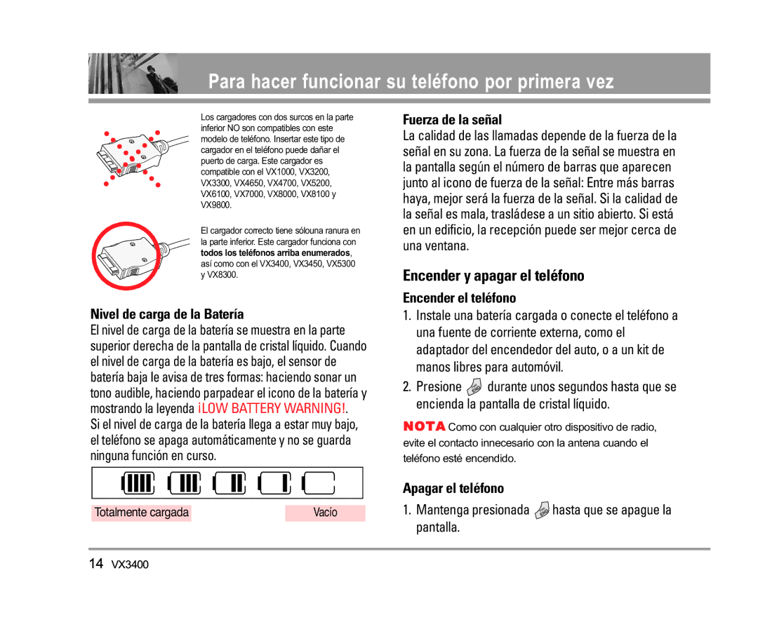 LG Electronics VX3400 Encender y apagar el teléfono, Nivel de carga de la Batería, Fuerza de la señal, Apagar el teléfono 