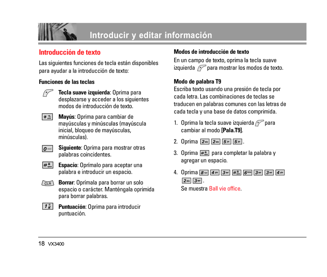 LG Electronics VX3400 Introducir y editar información, Introducción de texto, Funciones de las teclas, Modo de palabra T9 