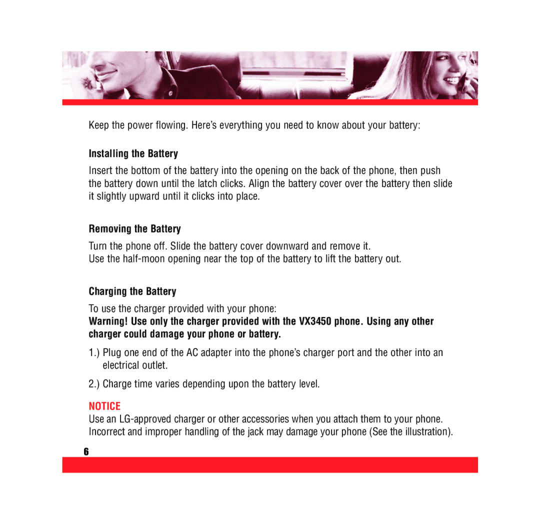 LG Electronics VX3450 manual Installing the Battery, Removing the Battery, Charging the Battery 