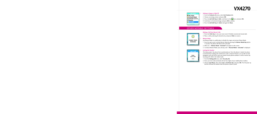 LG Electronics VX4270 Other Notable Settings, Setting an Image as Caller ID, Making a Call from Recent Calls, Manner Mode 