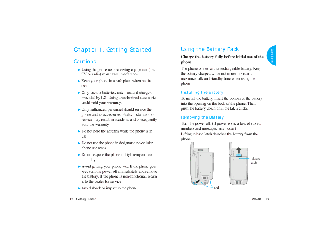 LG Electronics VX4400 manual Using the Battery Pack, Avoid shock or impact to the phone, Installing the Battery 