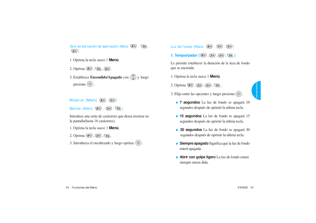 LG Electronics VX4400 manual Siempre apagado Significa que la luz de fondo esterá apagada, Mostrar Menú 