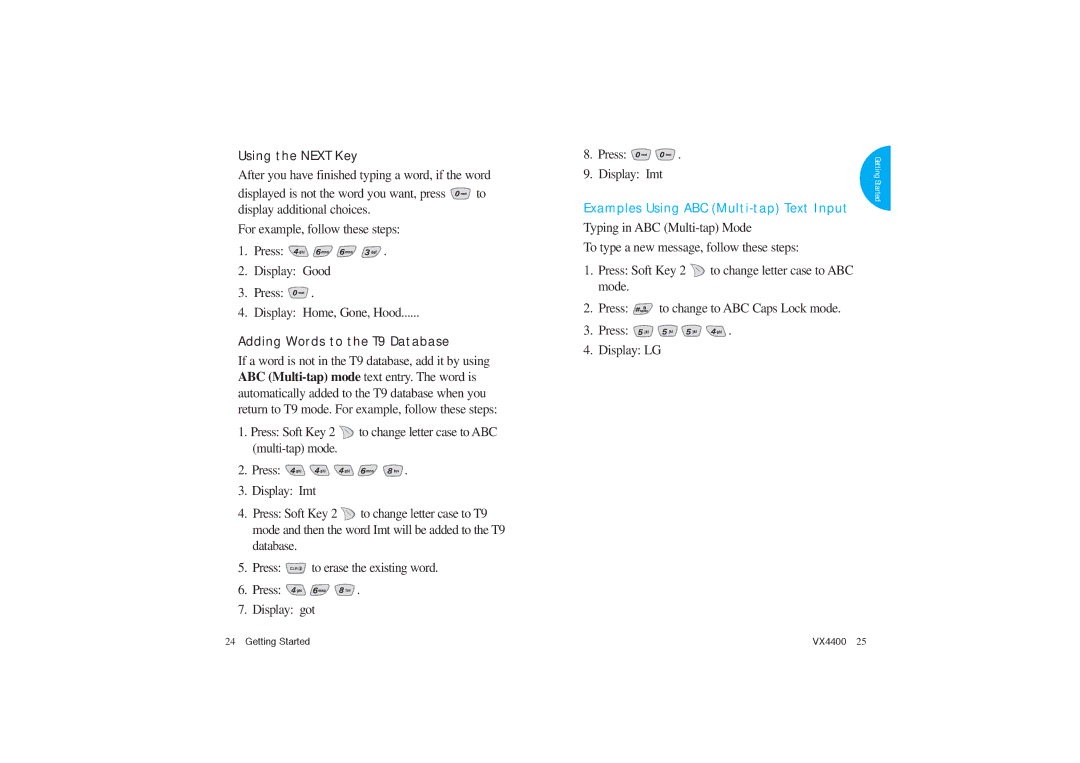 LG Electronics VX4400 manual Adding Words to the T9 Database, Examples Using ABC Multi-tap Text Input 