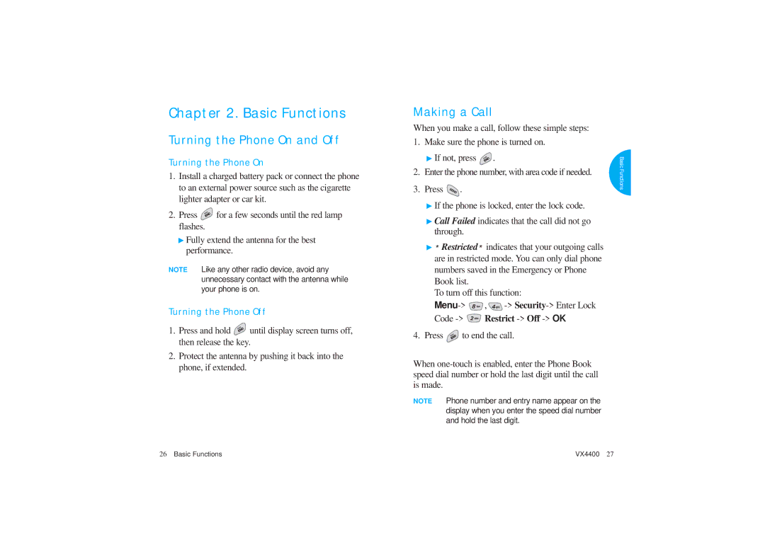 LG Electronics VX4400 manual Turning the Phone On and Off, Making a Call, Turning the Phone Off 