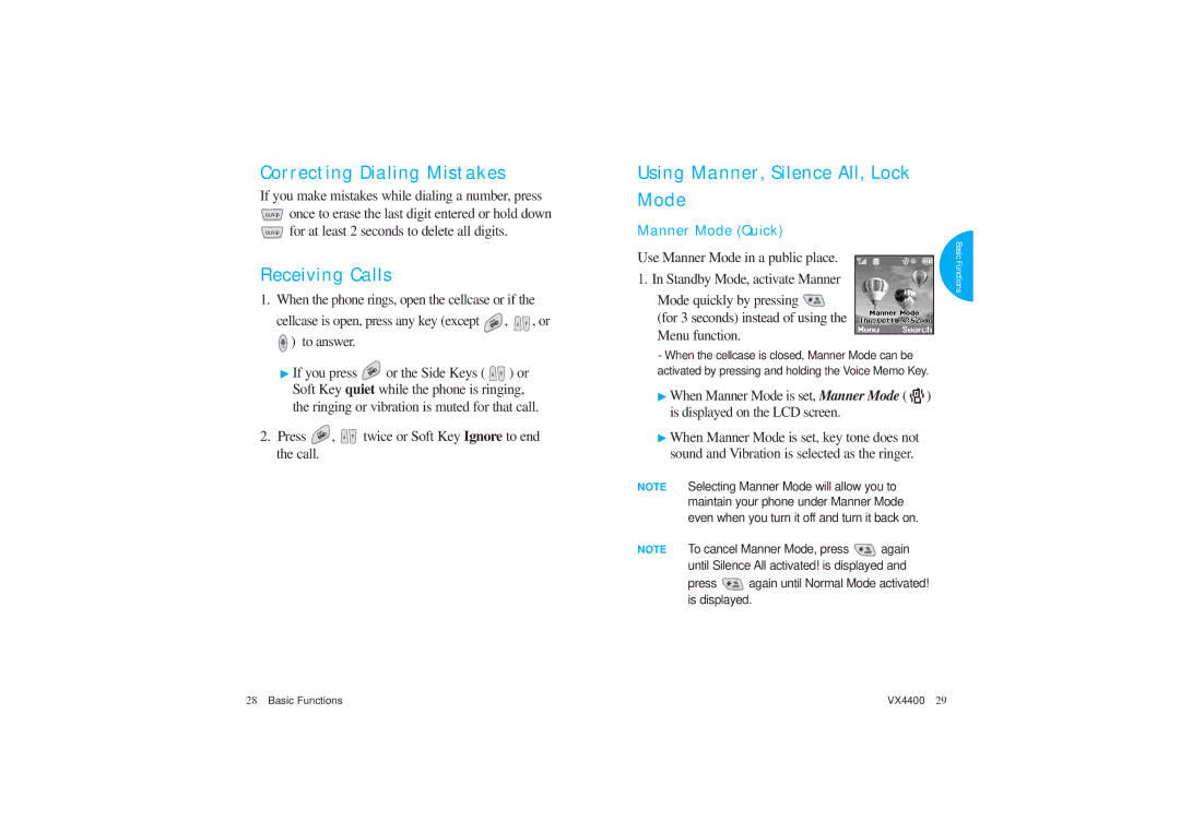 LG Electronics VX4400 manual Correcting Dialing Mistakes, Receiving Calls, Using Manner, Silence All, Lock Mode 