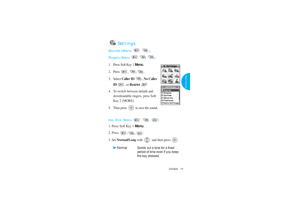 LG Electronics VX4400 manual Settings, Select Caller ID , No Caller ID , or Restrict, Set Normal/Long with, Then press OK 