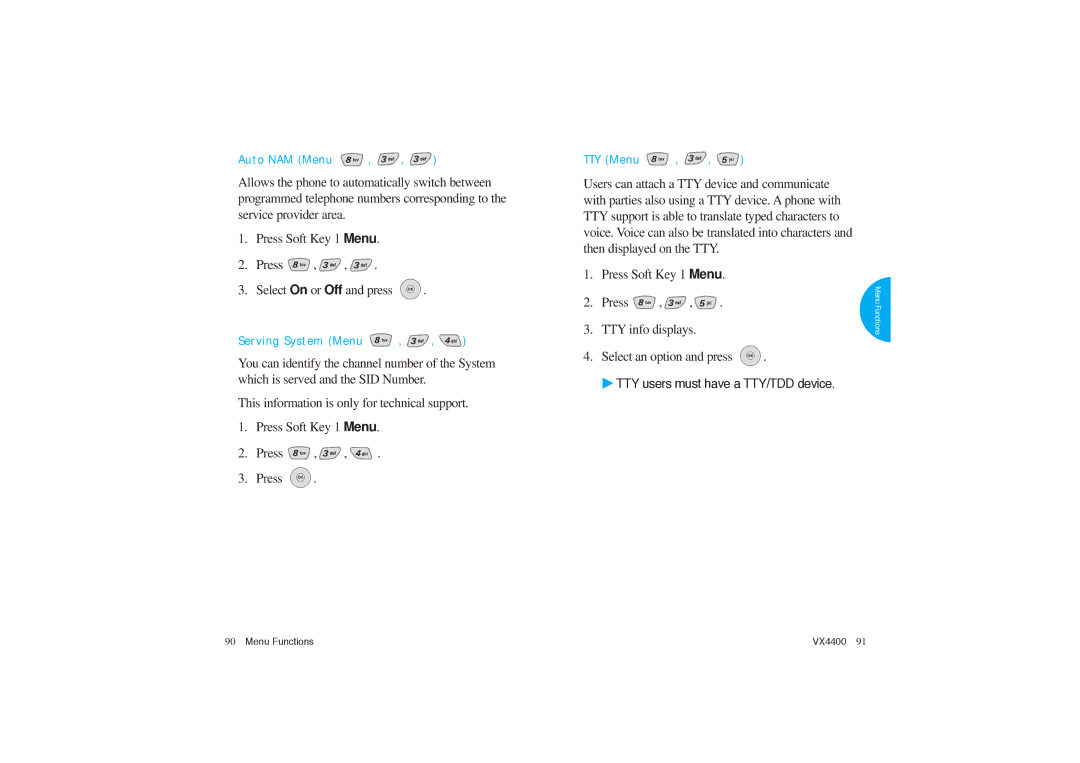 LG Electronics VX4400 manual TTY users must have a TTY/TDD device 