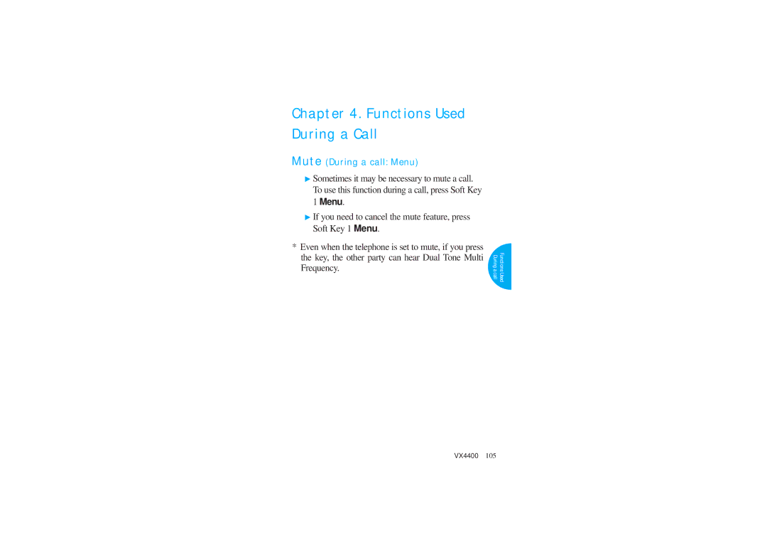 LG Electronics VX4400 manual Functions Used During a Call, Mute During a call Menu 