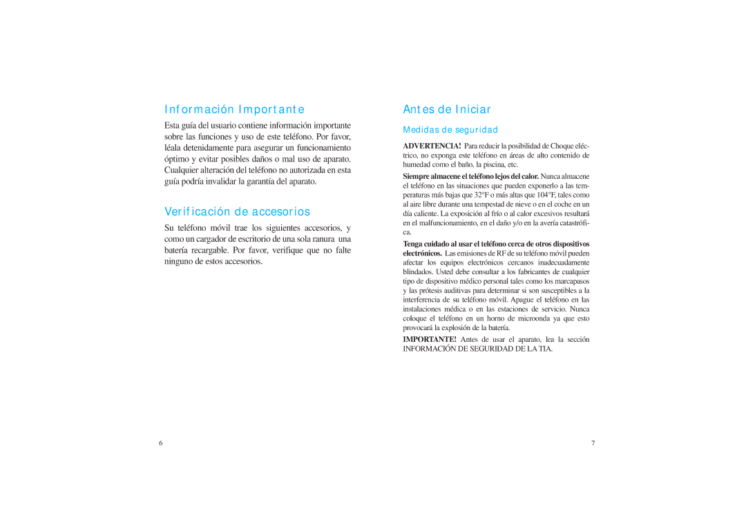 LG Electronics VX4400 manual Información Importante, Verificación de accesorios, Antes de Iniciar, Medidas de seguridad 