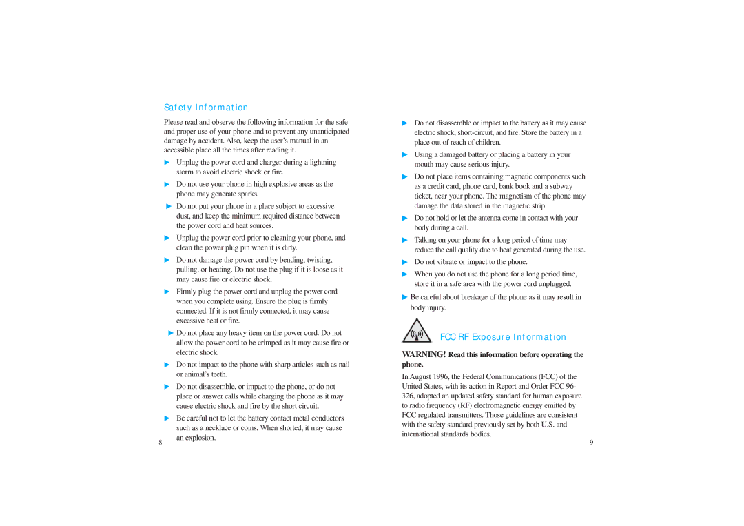 LG Electronics VX4400 manual Safety Information, FCC RF Exposure Information 