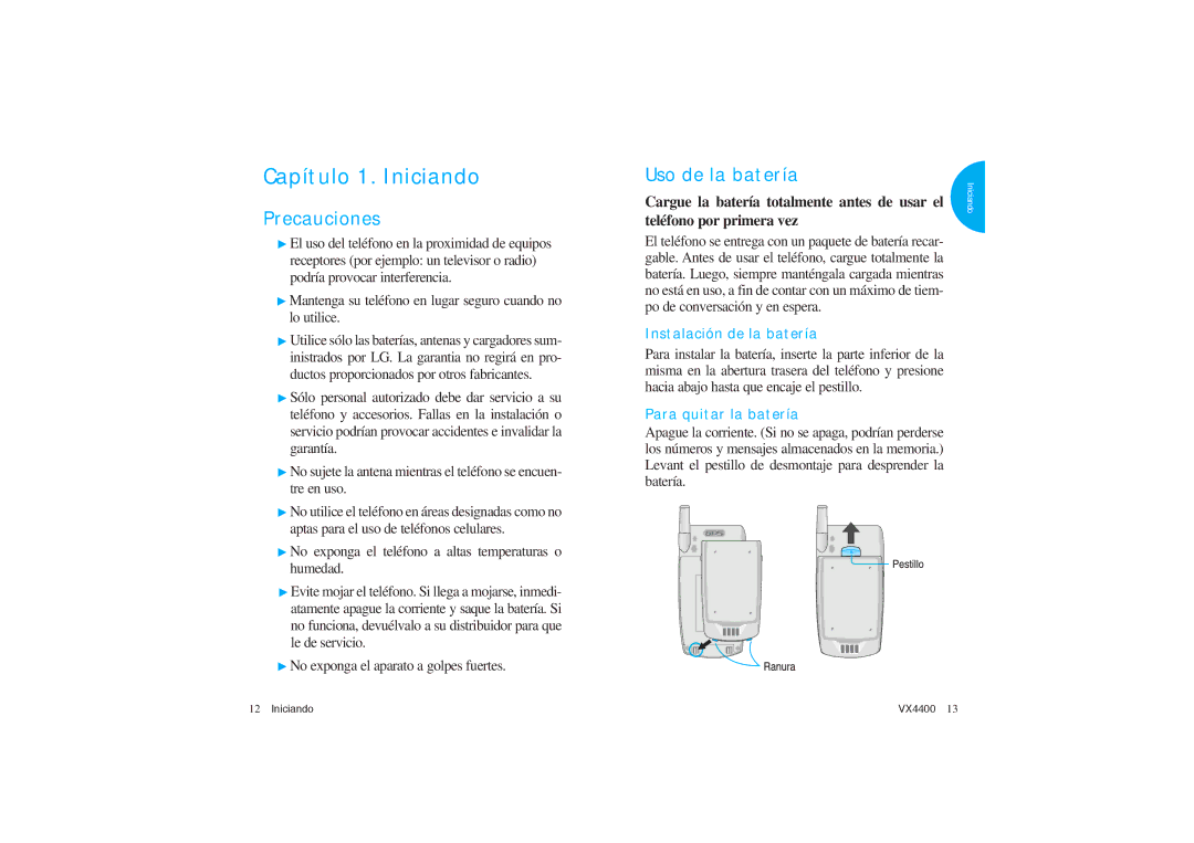 LG Electronics VX4400 manual Precauciones, Uso de la batería, Mantenga su teléfono en lugar seguro cuando no lo utilice 