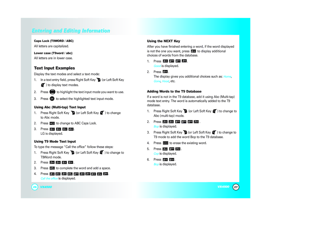 LG Electronics VX4500 Text Input Examples, Using Abc Multi-tap Text Input, Using T9 Mode Text Input, Using the Next Key 