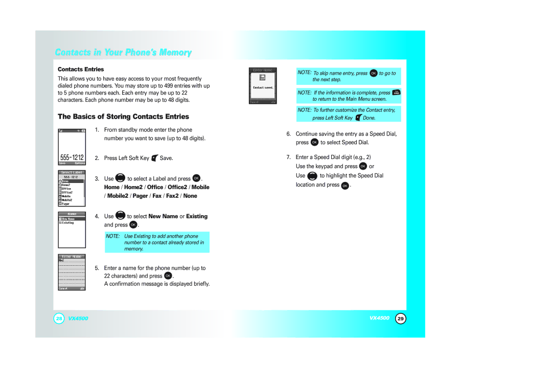 LG Electronics VX4500 manual Basics of Storing Contacts Entries, Mobile2 / Pager / Fax / Fax2 / None 