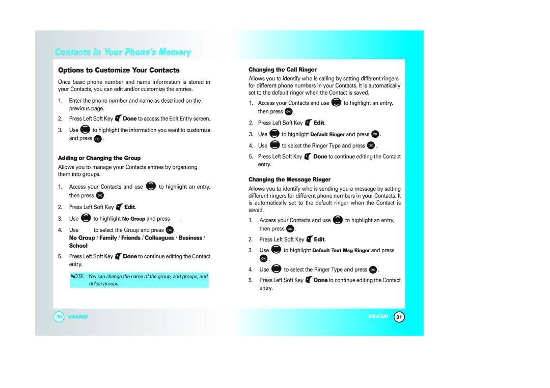 LG Electronics VX4500 manual Options to Customize Your Contacts, Adding or Changing the Group, Changing the Call Ringer 
