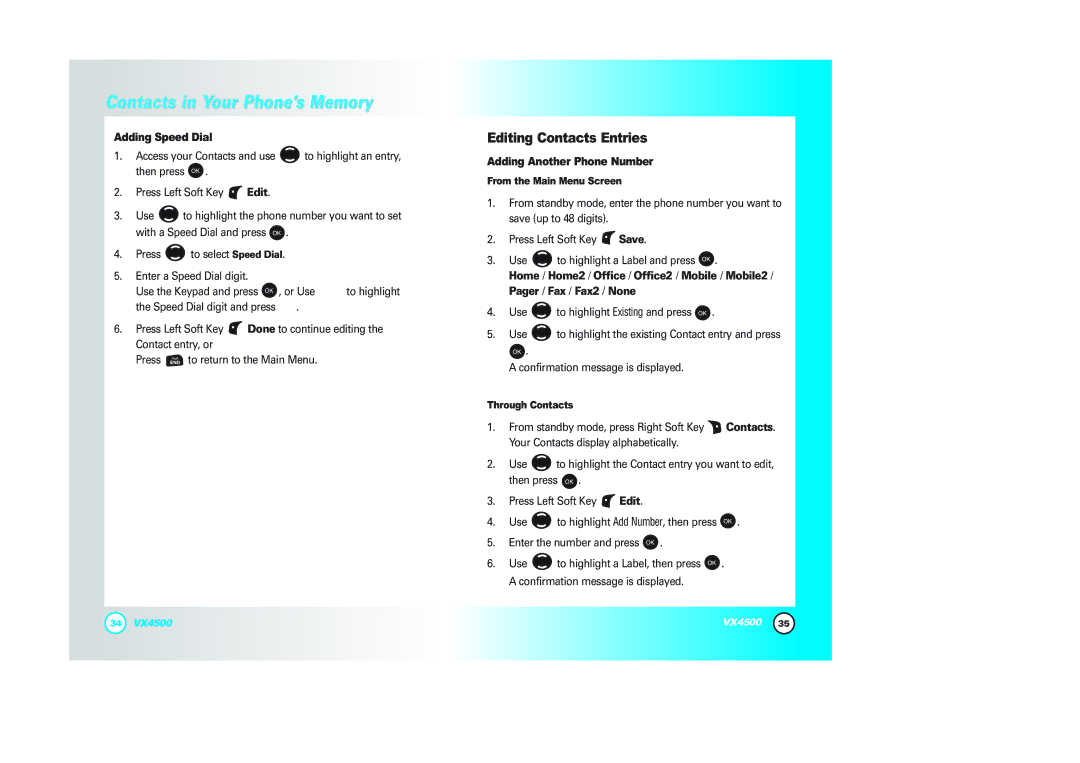 LG Electronics VX4500 manual Editing Contacts Entries, Adding Speed Dial, Adding Another Phone Number 